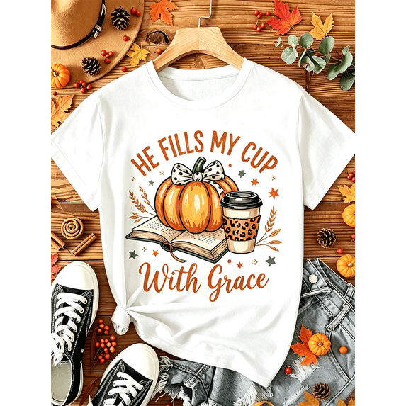 Women's Fall Pumpkin Coffee Faith Graphic T‑Shirt Christian Autumn Casual Short Sleeve Tee