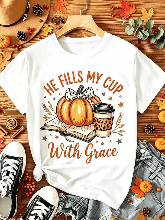 Women's Fall Pumpkin Coffee Faith Graphic T‑Shirt Christian Autumn Casual Short Sleeve Tee
