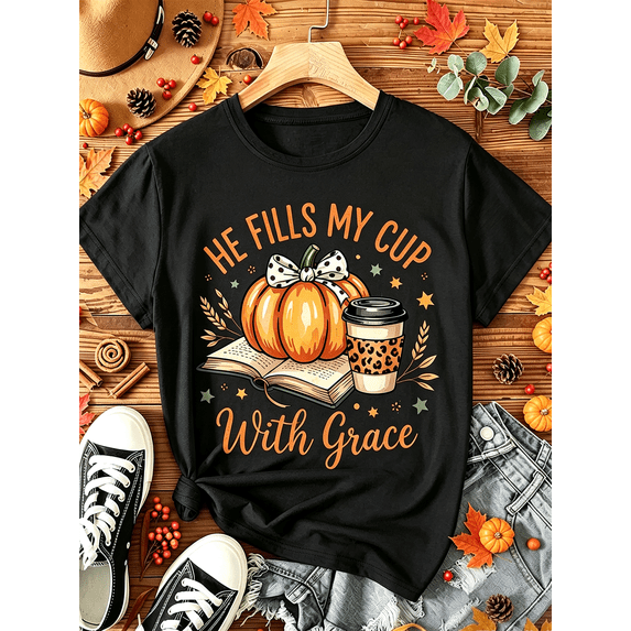 Women's Fall Pumpkin Coffee Faith Graphic T‑Shirt Christian Autumn Casual Short Sleeve Tee