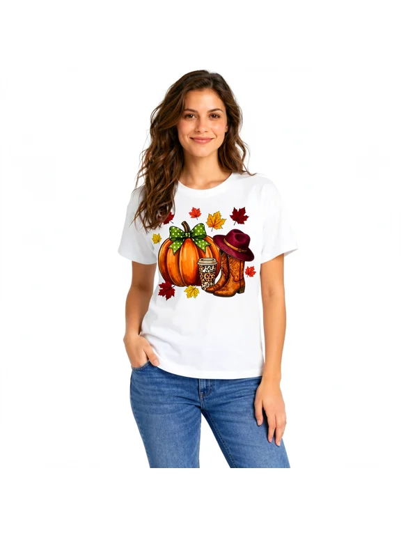 Women's Fall Pumpkin Cowboy Boots Graphic T-Shirt, Cotton Crew Neck Tee