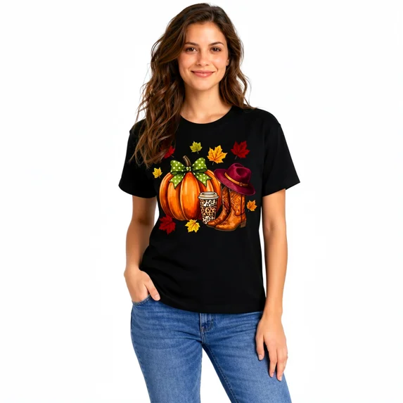 Women's Fall Pumpkin Cowboy Boots Graphic T-Shirt, Cotton Crew Neck Tee