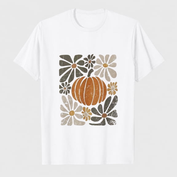 Women's Fall Pumpkin Daisy Graphic T-Shirt, Autumn 100% Cotton Short Sleeve Shirt