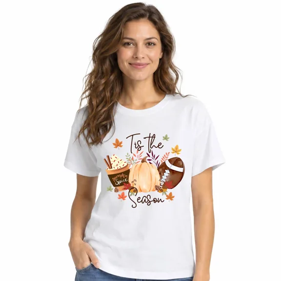Women's Fall Pumpkin Football Graphic T-Shirt, Pumpkin Spice Crew Neck Casual Cotton Tee