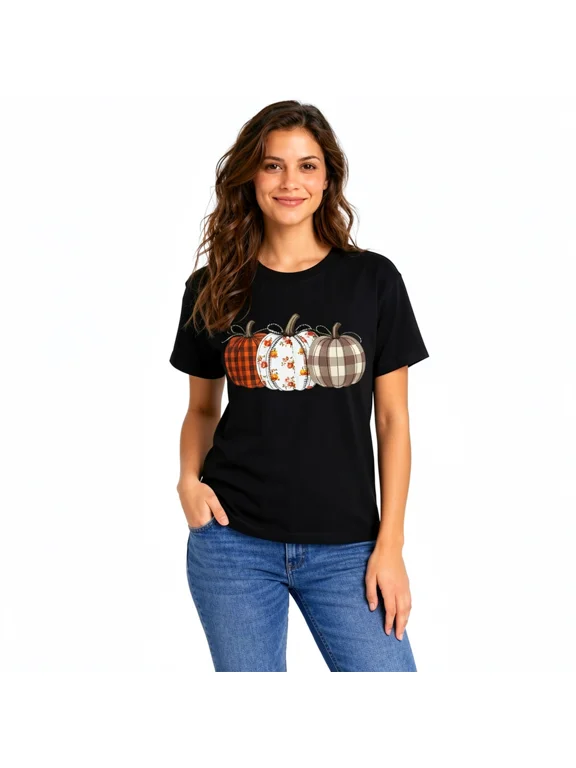 Women's Fall Pumpkin Graphic T-Shirt, Plaid Floral Cotton Crew Neck Thanksgiving Casual Tee