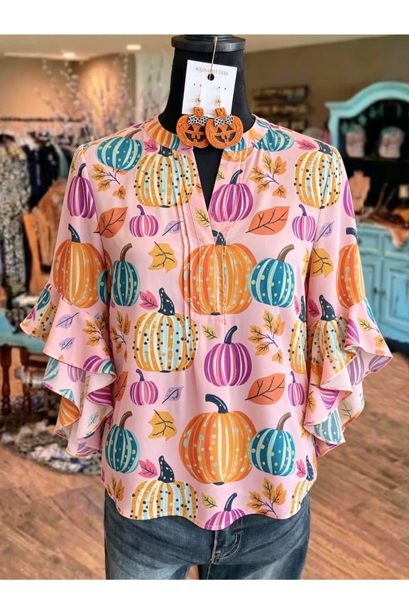 Women's Fall Pumpkin Print Blouse, Notch V-Neck 3/4 Tiered Ruffle Sleeve Casual Top, Pink Thanksgiving Halloween Autumn Shirt