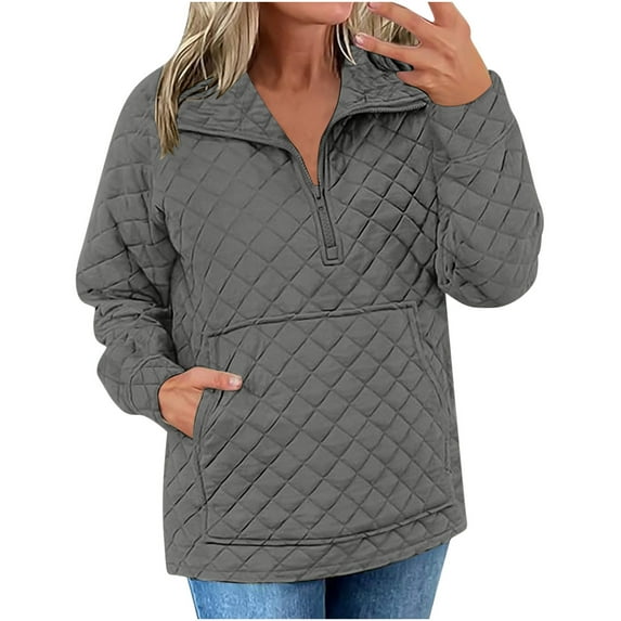 Women's Fall Quilted Sweatshirt Casual Quarter Zip Collared Pullover Tops Long Sleeve V Neck Sweatshirts