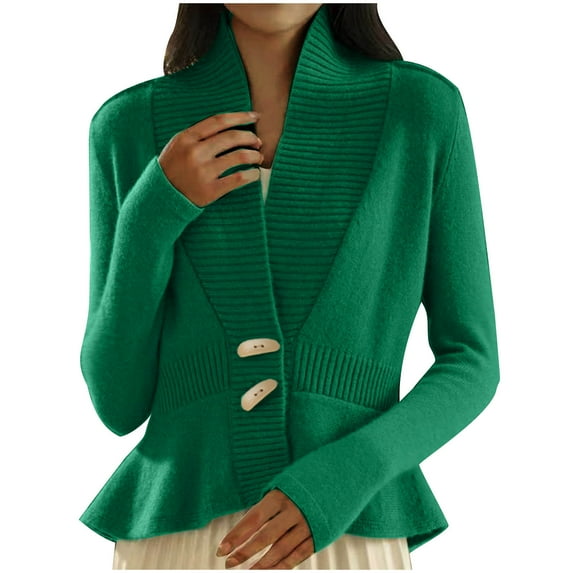 Women's Fall Ribbed Knit V-Neck Vintage Cardigan Sweater Button Down Peplum Tops Jacket
