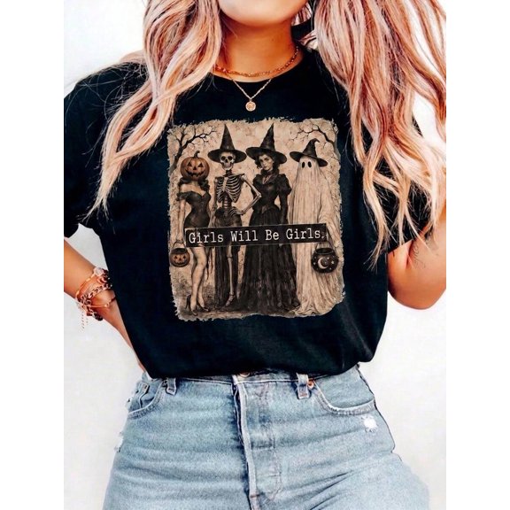 Women's Fall Short Sleeve T-Shirt, Halloween Spooky Girls Squad Witch Skull Ghost Pumpkin Tee