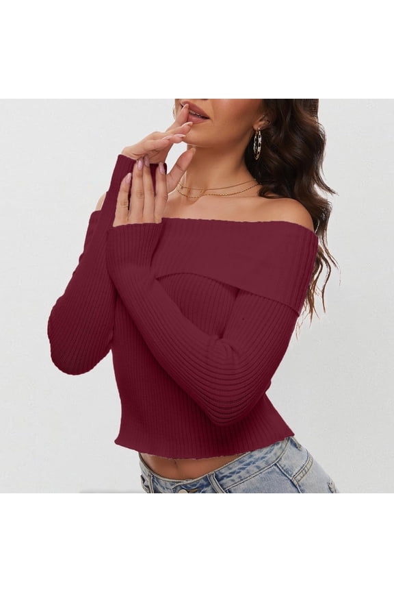 Women's Fall Off Shoulder Sweaters Long Sleeve Ribbed Knit Fitted Pullover Tops Blouse Sweaters Button up Men's Pullover Fall Sweater Knit Sweater for Women Sweatshirt Pack Solemnly Swear Shirt Dark
