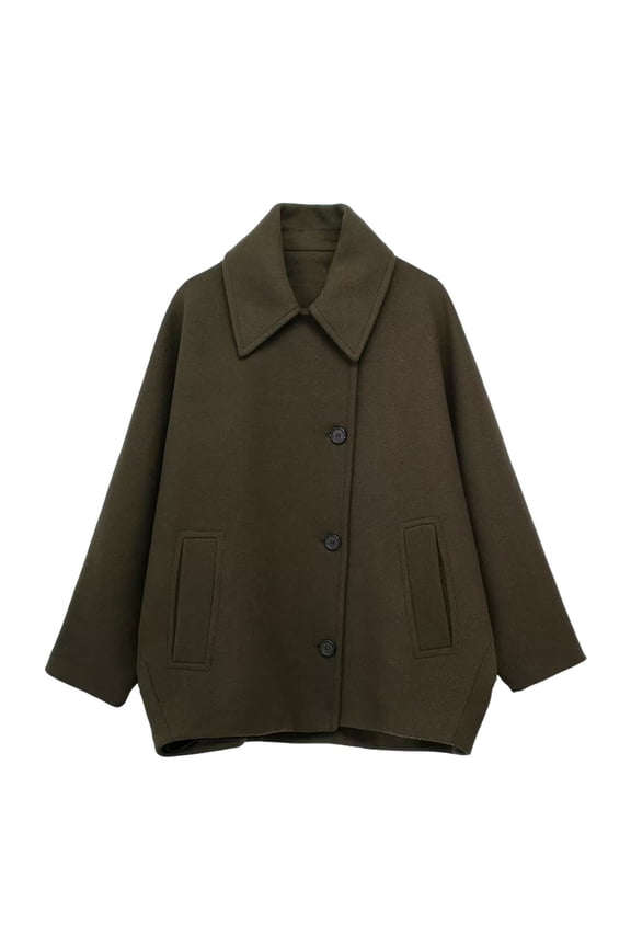 Women's Fall Single Breasted Pea Coat Long Sleeve Turndown Collar Wool Cape Blend Coat with Pockets Army Green L
