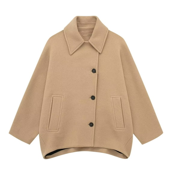 Women's Fall Single Breasted Pea Coat Long Sleeve Turndown Collar Wool Cape Blend Coat with Pockets Khaki L