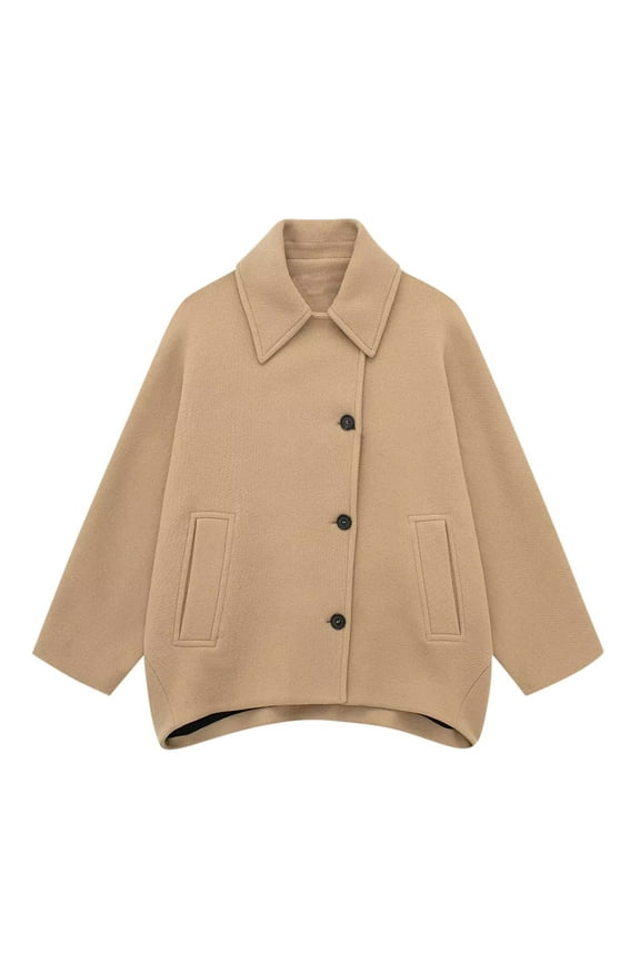 Women's Fall Single Breasted Pea Coat Long Sleeve Turndown Collar Wool Cape Blend Coat with Pockets Khaki L