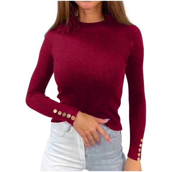 Women's Fall Slim Ribbed Knit Long Sleeve Tops Sweater Mock Turtleneck Stretch Shirts Basic Casual Solid Color Pullover