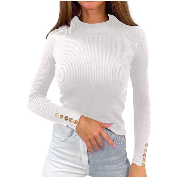 Women's Fall Slim Ribbed Knit Long Sleeve Tops Sweater Mock Turtleneck Stretch Shirts Basic Casual Solid Color Pullover