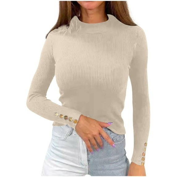 Women's Fall Slim Ribbed Knit Long Sleeve Tops Sweater Mock Turtleneck Stretch Shirts Basic Casual Solid Color Pullover