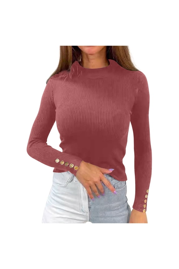 Women's Fall Slim Ribbed Knit Long Sleeve Tops Sweater Mock Turtleneck Stretch Shirts Basic Casual Solid Color Pullover