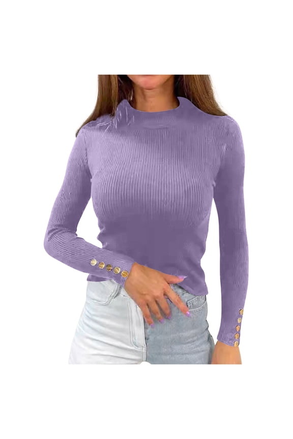 Women's Fall Slim Ribbed Knit Long Sleeve Tops Sweater Mock Turtleneck Stretch Shirts Basic Casual Solid Color Pullover