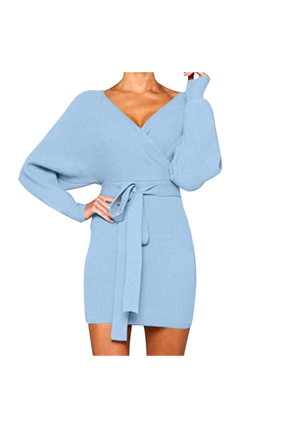 Women's Fall Spring Dresses Solid Color V Neck Tie Front Long Sleeve Wrap Dress Casual Slim Fit Mini Pencil Dress Ladies Clothes