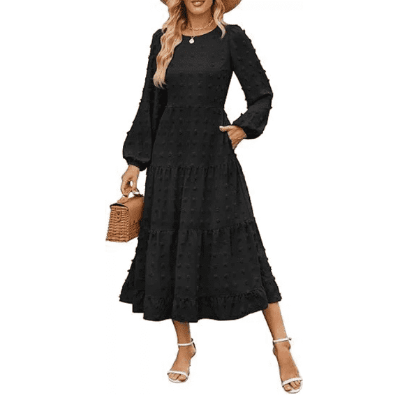 Women's Fall Spring Elegant Long Sleeve Maxi Dress Swiss Dot A Line Flowy Casual Holiday Party Going Out Dresses