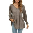 thumbnail image 1 of Women's Fall Spring Tunic Tops Trendy V Neck Puff Long Sleeve Shirts Casual Flowy Ladies Going out Blouse Tees Coffee, 1 of 7