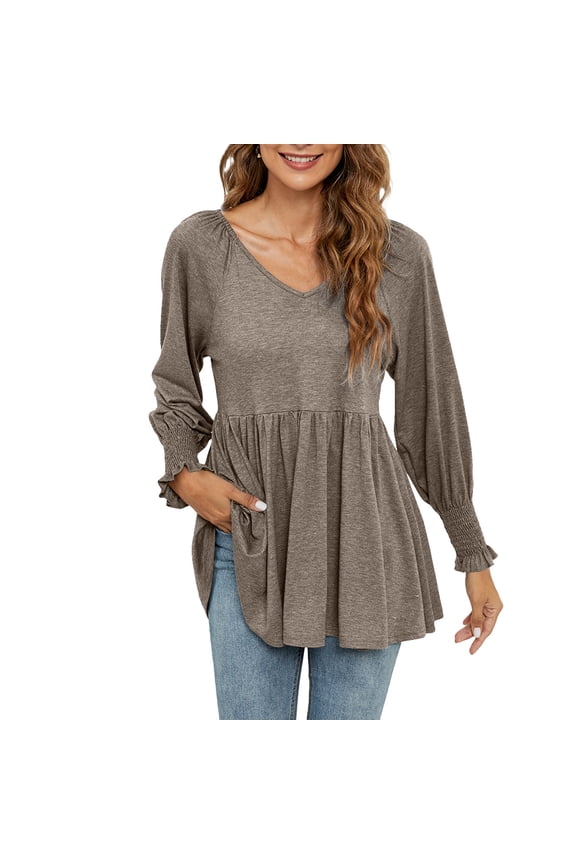 Women's Fall Spring Tunic Tops Trendy V Neck Puff Long Sleeve Shirts Casual Flowy Ladies Going out Blouse Tees Coffee
