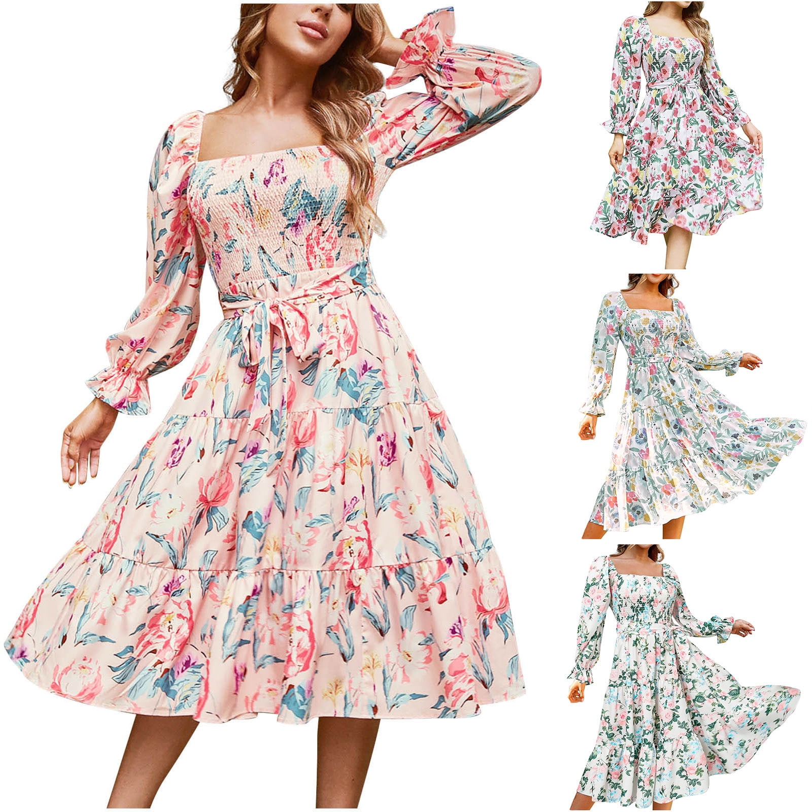 Women's Fall Square Neck Casual Dress Long Sleeve Smocked Women's Fall Square Neck Casual Dress Long Sleeve Smocked