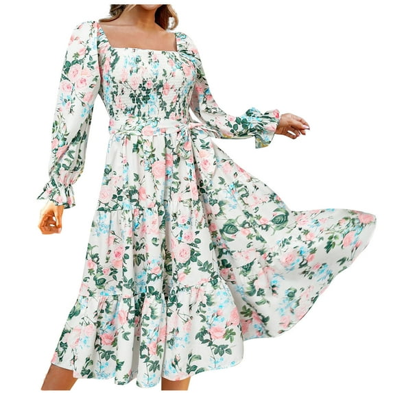 Women's Fall Square Neck Casual Dress Long Sleeve Smocked Ruffle A Line Knee Length Dresses Floral Print Chiffon Dress