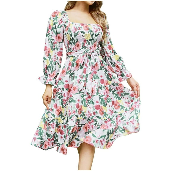 Women's Fall Square Neck Casual Dress Long Sleeve Smocked Ruffle A Line Knee Length Dresses Floral Print Chiffon Dress