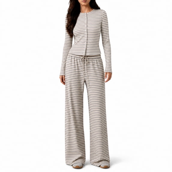 Women's Fall Striped Knit 2 Piece Outfit Long Sleeve Button Down Cardigan Top & Wide Leg Pants Set with Drawstring Waist Casual Loungewear for Daily Wear, Work L