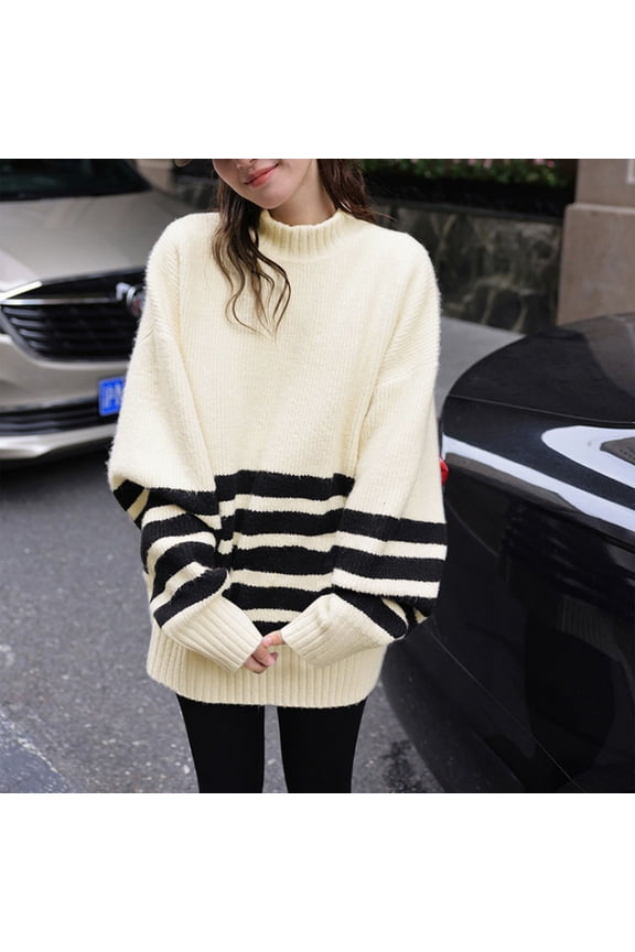 Women's Fall Striped Long Pullover Sweaters Turtleneck Long Sleeve Loose Fit Knit Casual Cute Tops Blouse Dharma Sweatshirt Zip up Women Knit Pullover Sweater Neck Sweater for Women Women Sweaters