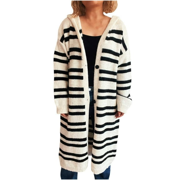 Women's Fall Striped Ribbed Knit Button Down Open Front Hooded Long Cardigan Sweater