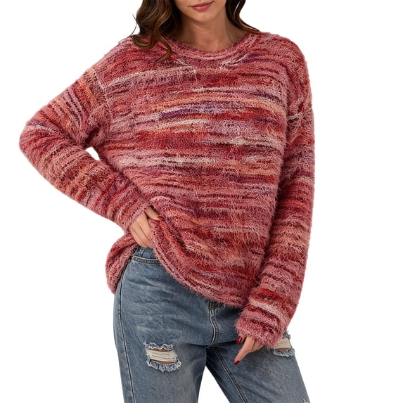 Women's Fall Striped Sweater Soft Lightweight Fit Long Sleeve Crew Neck Knit Pullover Comfy Casual Fuzzy Tops