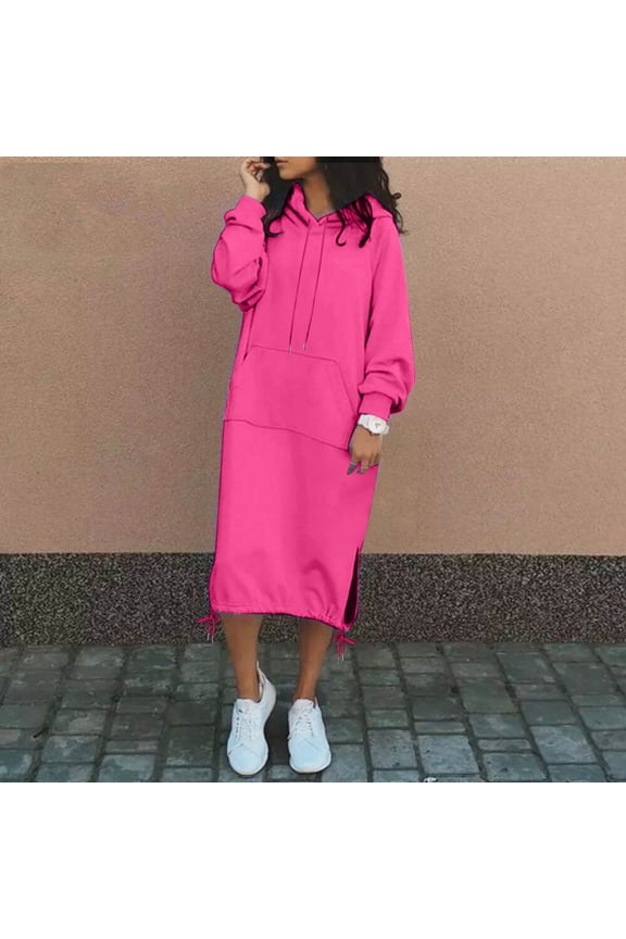 Women's Fall Sweatshirt Dresses Casual Long Sleeve Loose Pullover Hoodies Drawstring Split Hem Midi Dress With Pocket Hoodies for Women Casual Button Woman's Hoodie Zip Front Tunic Jacket Womens Long