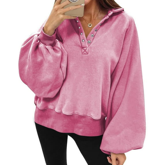 Women's Fall Sweatshirt Lapel Pullover Button V Neck Blouse Long Sleeve Losse Shirt Jogging Casual Hoodie (XL, Pink)