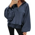 thumbnail image 1 of Women's Fall Sweatshirt Lapel Pullover Button V Neck Blouse Long Sleeve Losse Shirt Jogging Casual Hoodie (XXL, Navy), 1 of 7