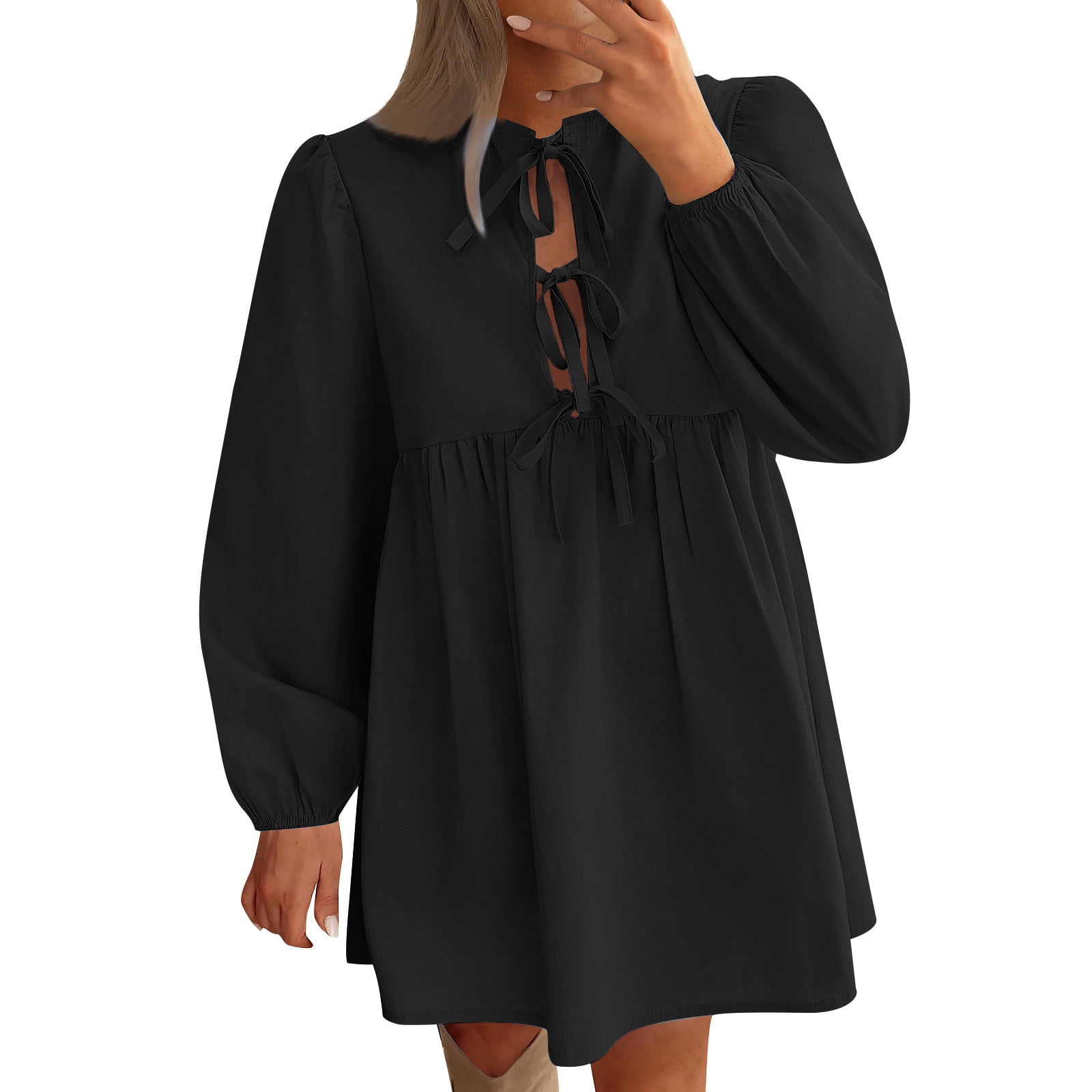 Women's Fall Sweet Babydoll Dress Long Puff Sleeve Self Tie Front A Line Pleated Cute Mini Tunic Dresses - Walmart.com Women's Fall Sweet Babydoll Dress Long Puff Sleeve Self Tie Front A Line Pleated Cute Mini Tunic Dresses - Walmart.com