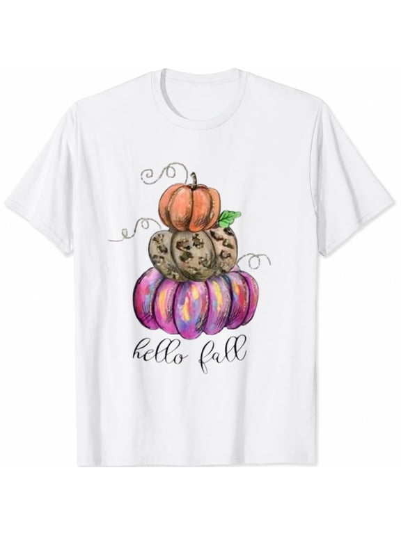 Women's Fall T-Shirt, Hello Fall Stacked Pumpkins Graphic, Autumn Harvest Short Sleeve Casual Shirt