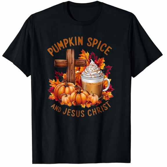 Women's Fall T-Shirt, Pumpkin Spice and Jesus Christ Graphic, Faith Autumn Short Sleeve Casual Shirt