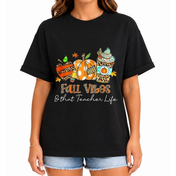 Women's Fall Teacher Life Graphic T-Shirt, Pumpkin Apple Pencil Short Sleeve School Shirt