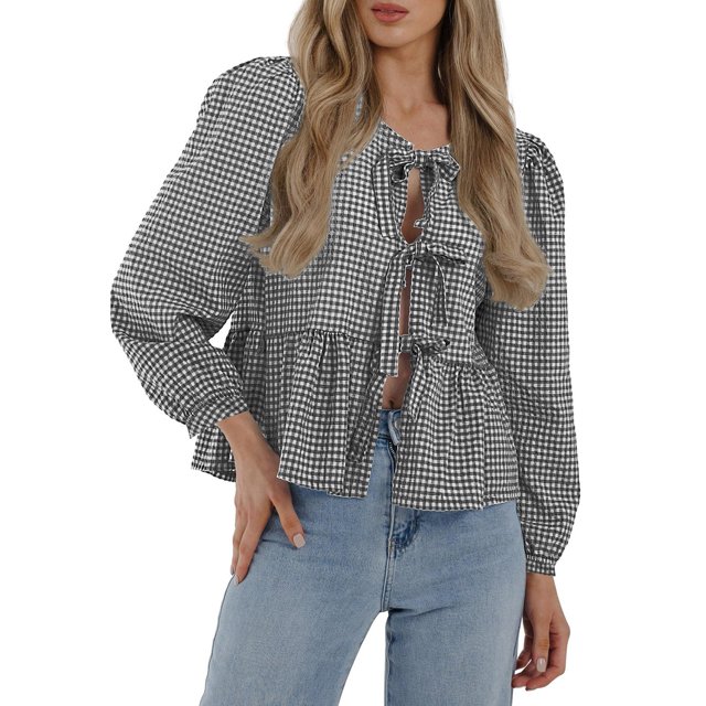 Women's Fall Tops Babydoll Peplum Blouse Puff Sleeve Crew Neck Bow Tie