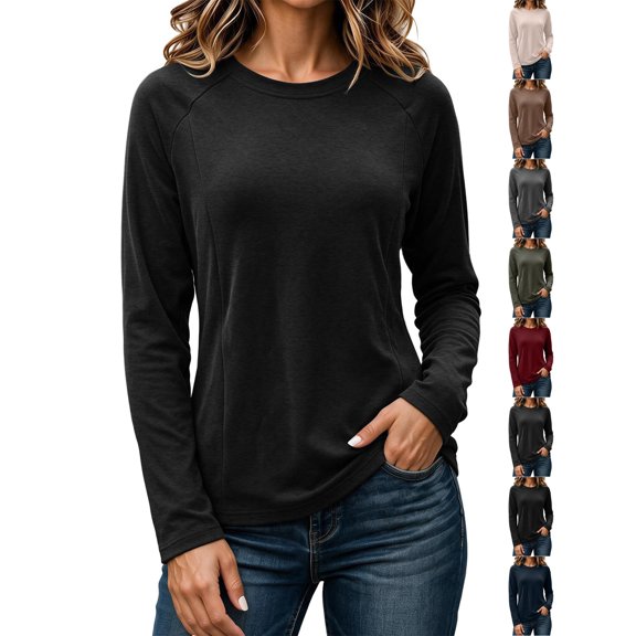 Women's Fall Tops Dqueduo Women's Velvet Top, Round Neck Long Sleeve Slim Fit Top, Warm Winter Base Shirt