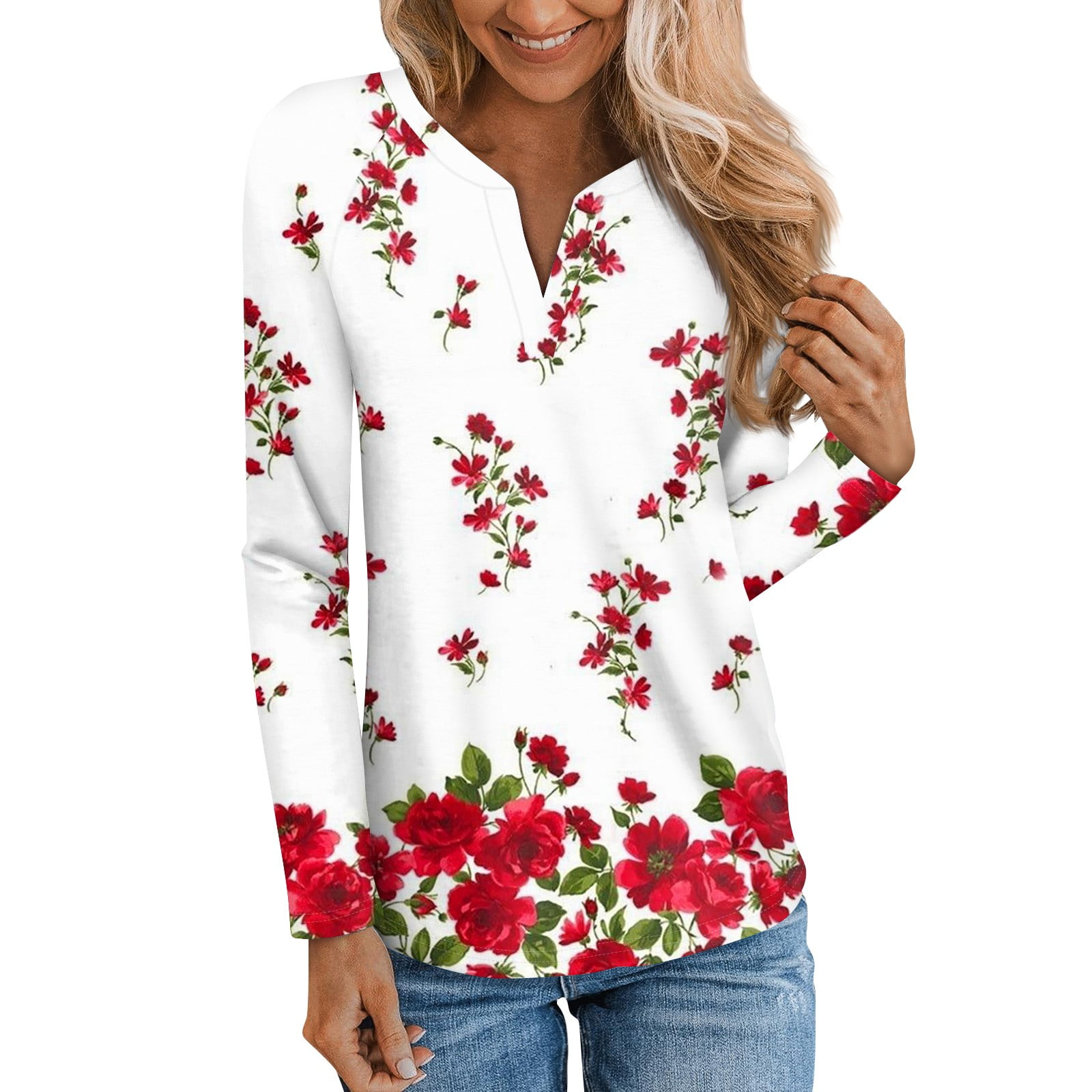 Women's Fall Tops Floral Print Blouse Long Sleeve V Neck Tunic Tops for