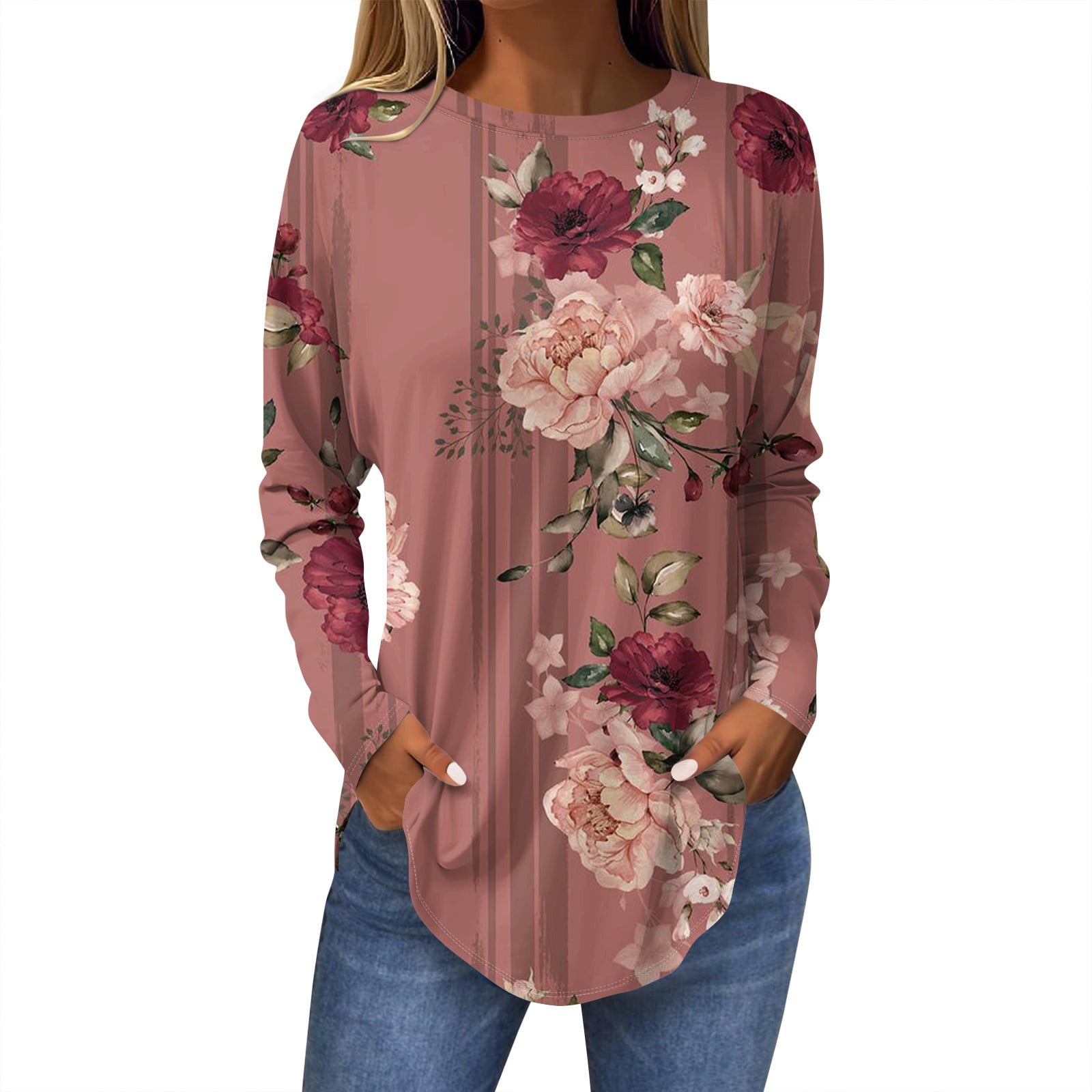 Women's Fall Tops Floral Print TShirts Long Sleeve Round Neck Tunic