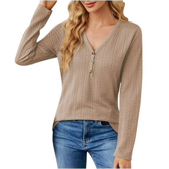 Women's Fall Tops V Neck Button Loose Long Sleeve T shirt