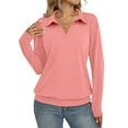 thumbnail image 1 of Women's Fall Tops V Neck Lapel Dressy Casual T Shirts Solid Color Soft Cotton Long Sleeve Tee Blouses Loose Fit (M, Pink), 1 of 6
