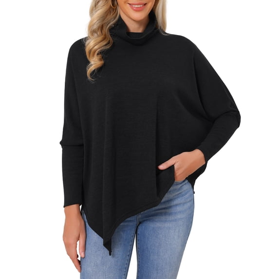 Women's Fall Tunic Tops Turtleneck Asymmetrical Hem Batwing Long Sleeve Loose Knit Blouse Dressy Casual Shirt L Black