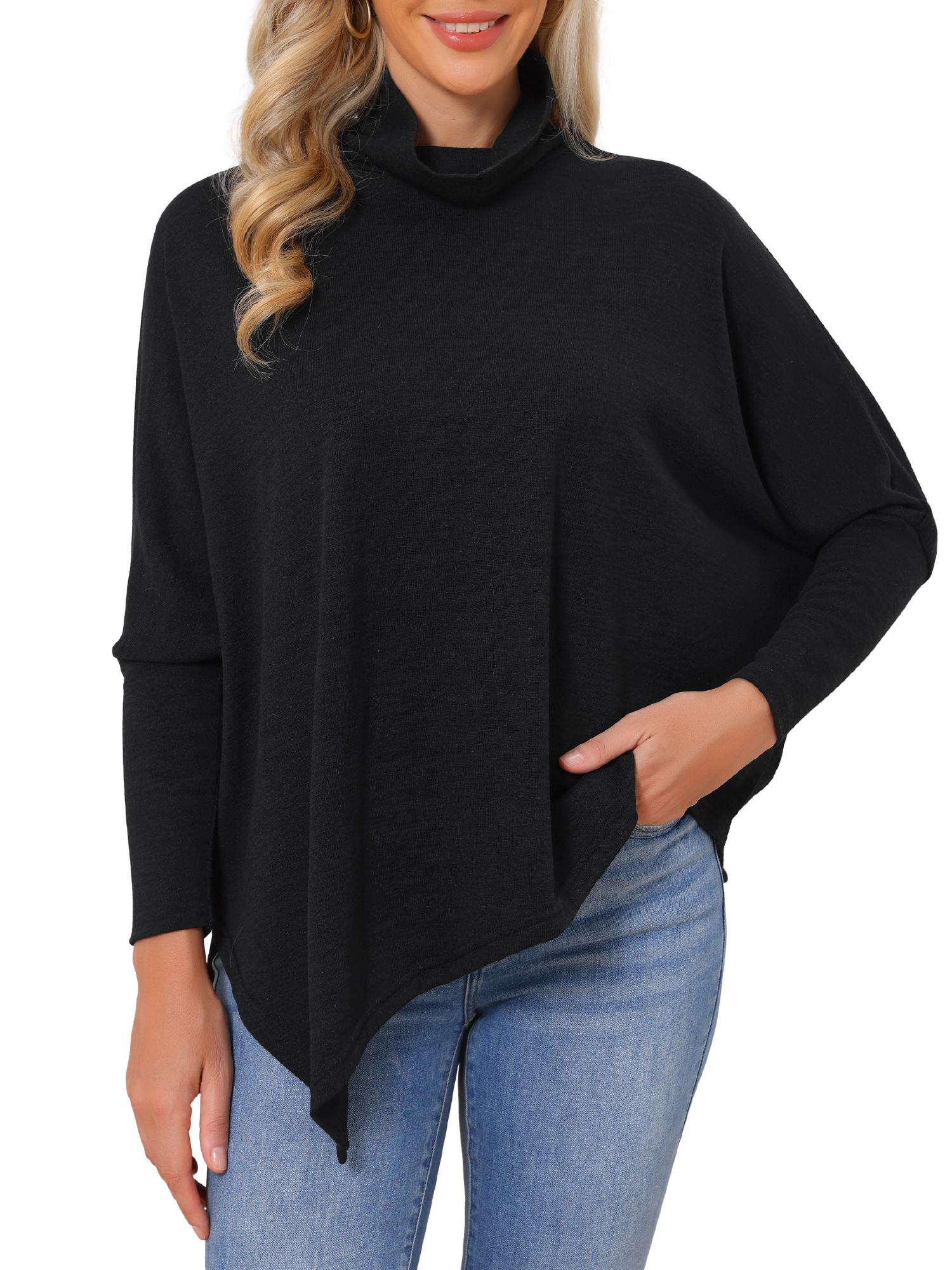 Women's Fall Tunic Tops Turtleneck Asymmetrical Hem Batwing Long Sleeve Loose Knit Blouse Dressy Casual Shirt L Black