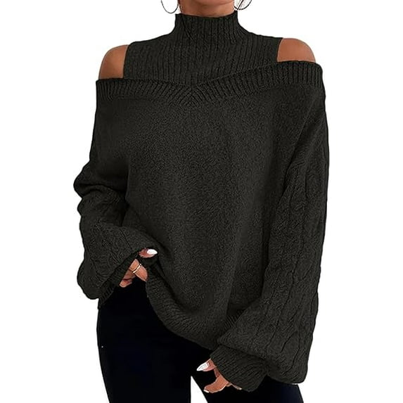 Women's Fall Turtleneck Cold Shoulder Sweater Casual Oversized Off Shoulder Chunky Knit Pullover Jumper Top