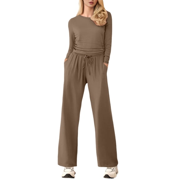 Women's Fall Two Piece Outfits - Long Sleeve Crop Top & Wide Leg Pants Set - Ruched Design, Elastic Waist with Pockets, Ideal for Casual & Outdoor