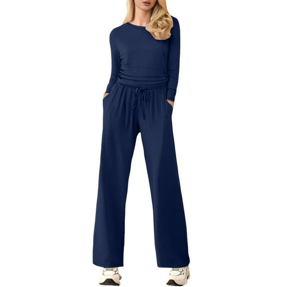 Women's Fall Two Piece Outfits Track Suits Long Sleeve Crop Tops Tee Shirts Wide Leg Pants Matching Sets Capri Pants For Women Casual Summer